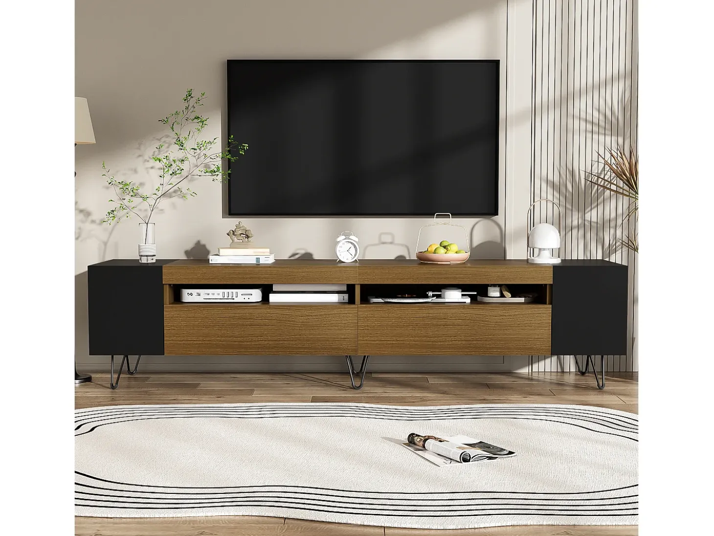 Móvel TV com 2 portas e nichos laterais - 180 x 36 x 43 cm - LEDs - MDF e aglomerado - Preto + natural