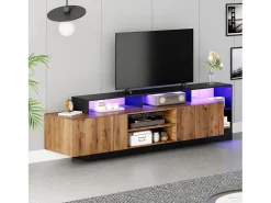 Móvel TV com 2 portas e prateleiras - 190 x 40 x 48,5 cm - LEDs - Aglomerado - Carvalho e preto