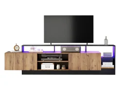 Móvel TV com 2 portas e prateleiras - 190 x 40 x 48,5 cm - LEDs - Aglomerado - Carvalho e preto