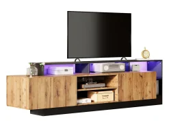 Móvel TV com 2 portas e prateleiras - 190 x 40 x 48,5 cm - LEDs - Aglomerado - Carvalho e preto