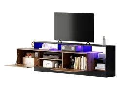 Móvel TV com 2 portas e prateleiras - 190 x 40 x 48,5 cm - LEDs - Aglomerado - Carvalho e preto