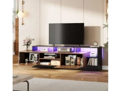 Móvel TV com 2 portas e prateleiras - 190 x 40 x 48,5 cm - LEDs - Aglomerado - Carvalho e preto