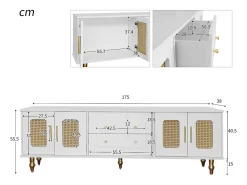 Móvel TV com 4 portas em rattan e 2 gavetas - 175x38x55,5cm - Aglomerado - Puxadores e pés dourados - branco