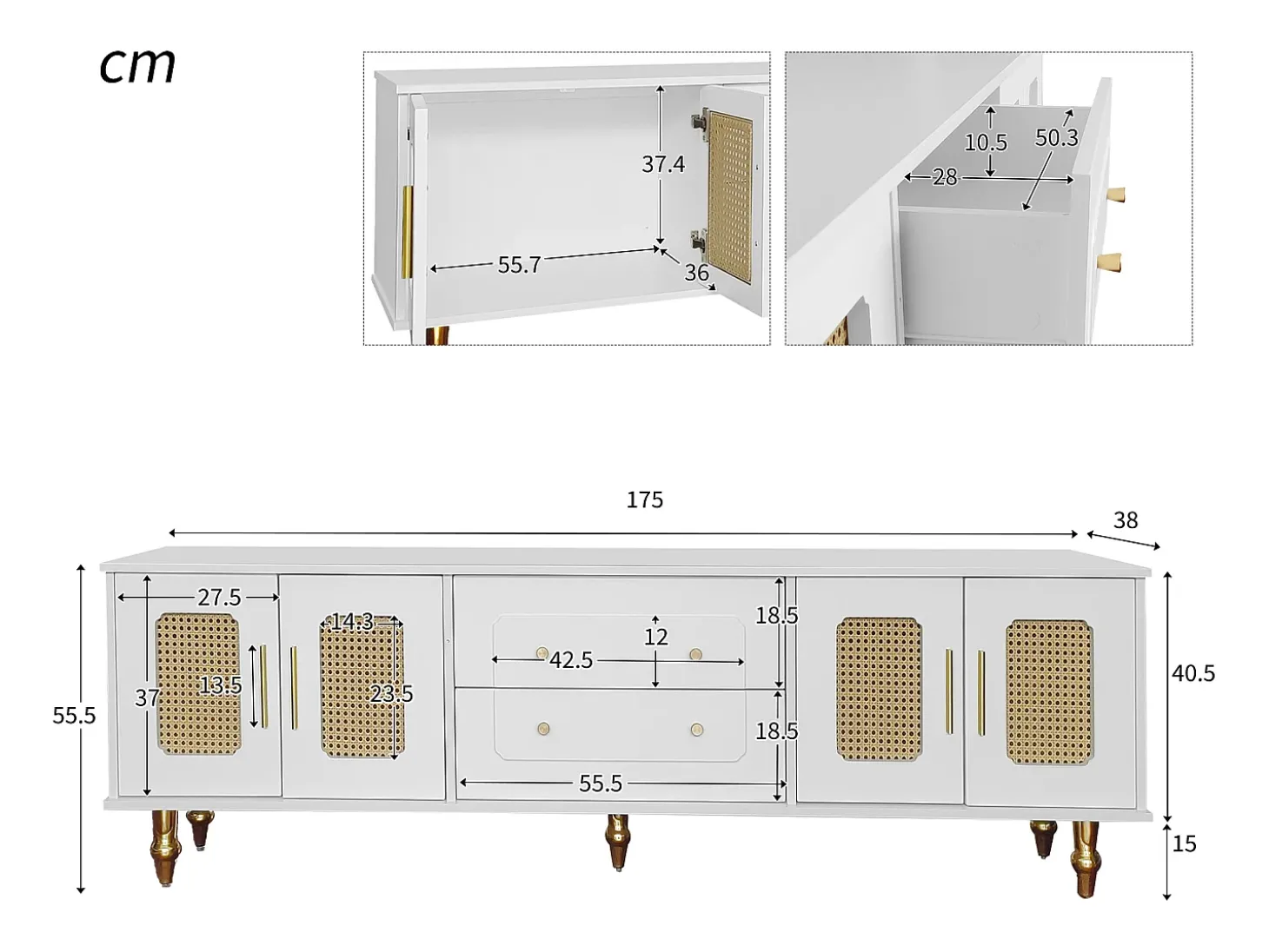 Móvel TV com 4 portas em rattan e 2 gavetas - 175x38x55,5cm - Aglomerado - Puxadores e pés dourados - branco