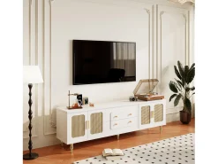 Móvel TV com 4 portas em rattan e 2 gavetas - 175x38x55,5cm - Aglomerado - Puxadores e pés dourados - branco