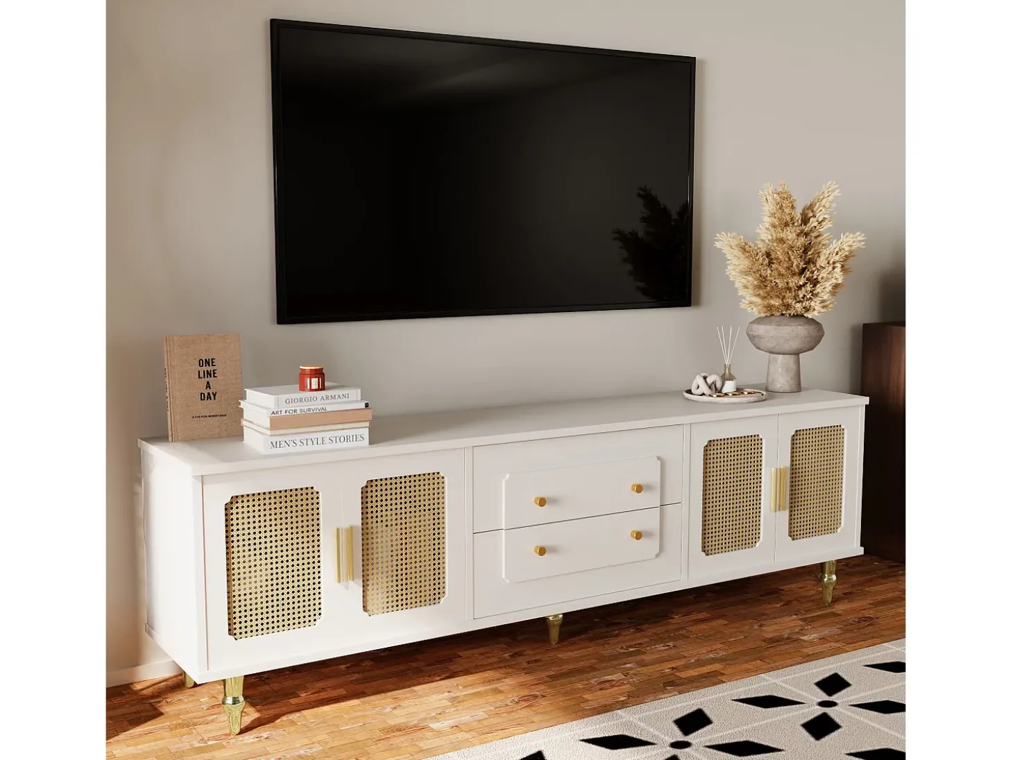 Móvel TV com 4 portas em rattan e 2 gavetas - 175x38x55,5cm - Aglomerado - Puxadores e pés dourados - branco