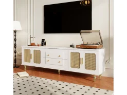 Móvel TV com 4 portas em rattan e 2 gavetas - 175x38x55,5cm - Aglomerado - Puxadores e pés dourados - branco