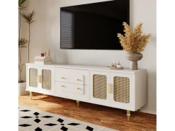 Móvel TV com 4 portas em rattan e 2 gavetas - 175x38x55,5cm - Aglomerado - Puxadores e pés dourados - branco