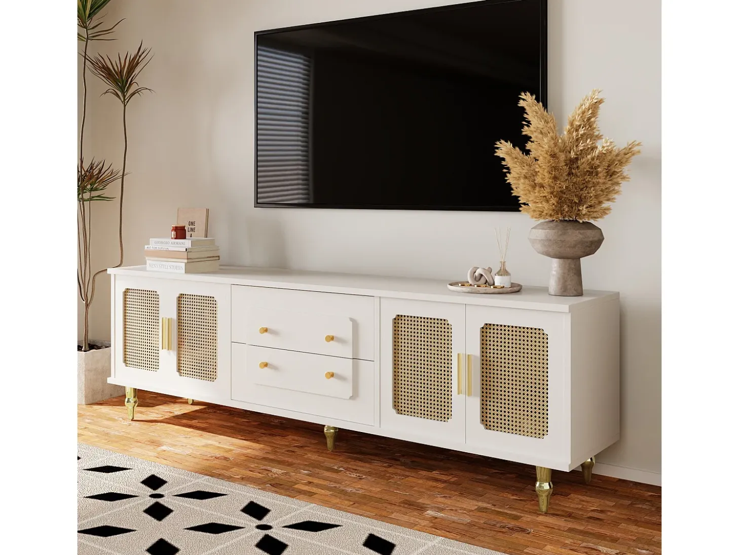Móvel TV com 4 portas em rattan e 2 gavetas - 175x38x55,5cm - Aglomerado - Puxadores e pés dourados - branco