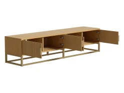 Móvel TV com 4 portas, puxadores e pés em metal dourado, acabamento em madeira natural clara - 180x40x40cm