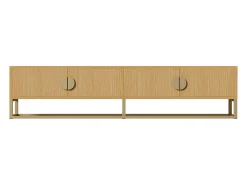 Móvel TV com 4 portas, puxadores e pés em metal dourado, acabamento em madeira natural clara - 180x40x40cm