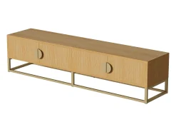 Móvel TV com 4 portas, puxadores e pés em metal dourado, acabamento em madeira natural clara - 180x40x40cm