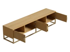 Móvel TV com 4 portas, puxadores e pés em metal dourado, acabamento em madeira natural clara - 180x40x40cm