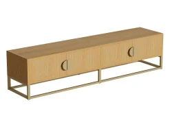 Móvel TV com 4 portas, puxadores e pés em metal dourado, acabamento em madeira natural clara - 180x40x40cm