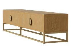 Móvel TV com 4 portas, puxadores e pés em metal dourado, acabamento em madeira natural clara - 180x40x40cm