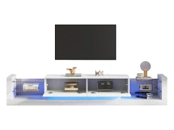 Móvel TV com LED - 2 compartimentos rebatíveis e prateleiras em vidro - Branco