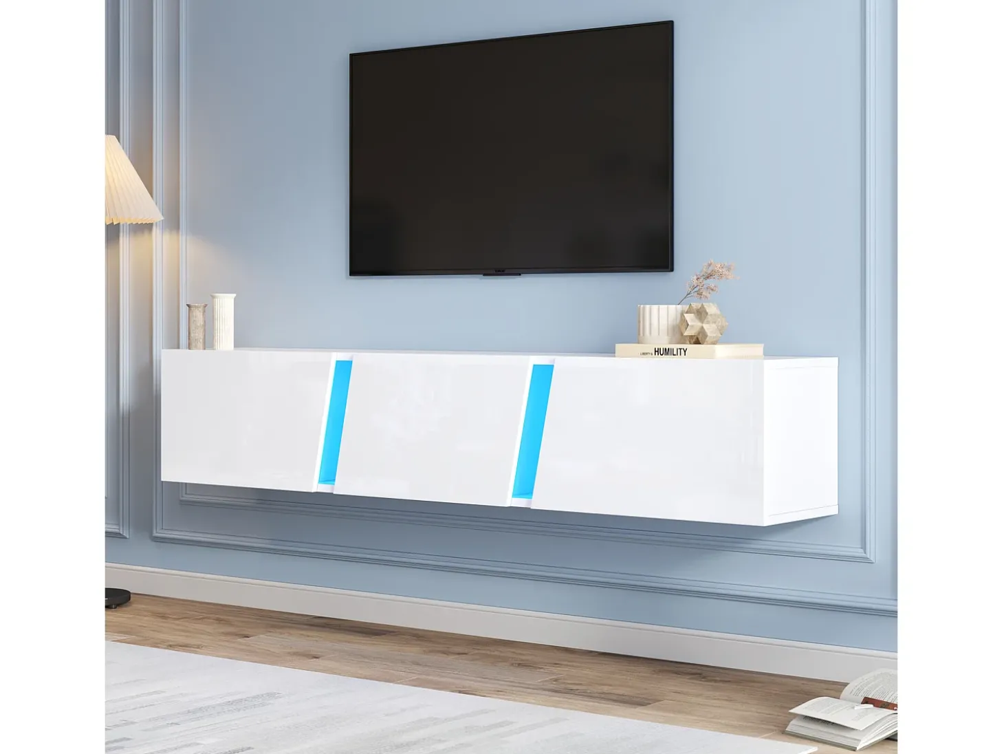 Móvel TV de parede 180x35x30cm com LED, 3 portas sanfonadas, lacado branco brilhante