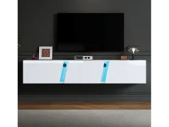 Móvel TV de parede 180x35x30cm com LED, 3 portas sanfonadas, lacado branco brilhante