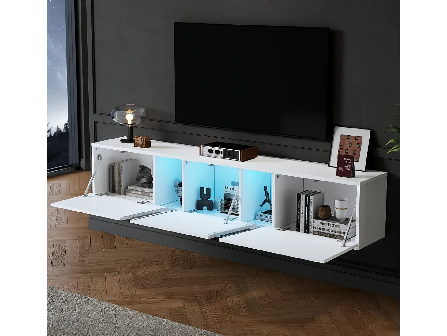 Móvel TV de parede 180x35x30cm com LED, 3 portas sanfonadas, lacado branco brilhante