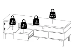 Móvel TV Dtoffani, Aparador sala, Armário baixo para TV, Base de parede equipada, 156x48 h48 cm, Branco e Carvalho