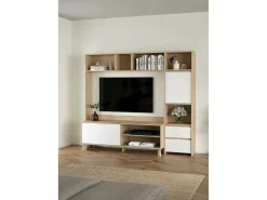 Móvel TV Dtolja, Aparador sala, Armário baixo para TV, Base de parede equipada, 209x48 h183 cm, Carvalho e Branco