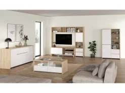 Móvel TV Dtolja, Aparador sala, Armário baixo para TV, Base de parede equipada, 209x48 h183 cm, Carvalho e Branco