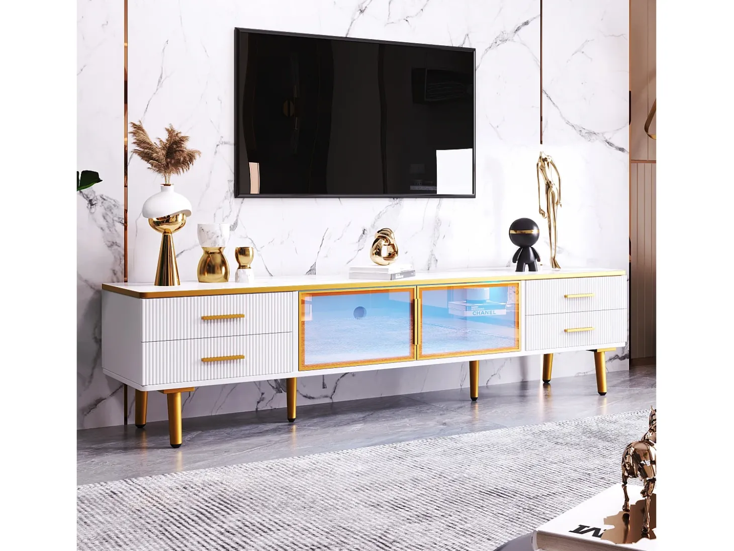 Móvel TV escandinavo 170cm com LED - 4 gavetas - folheado com padrão mármore - Branco