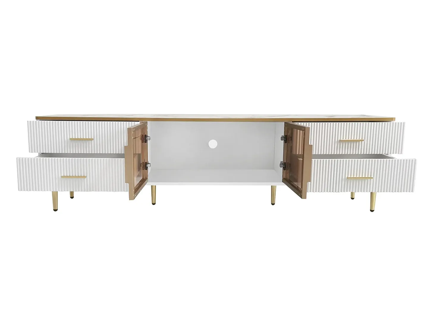 Móvel TV escandinavo 170cm com LED - 4 gavetas - folheado com padrão mármore - Branco