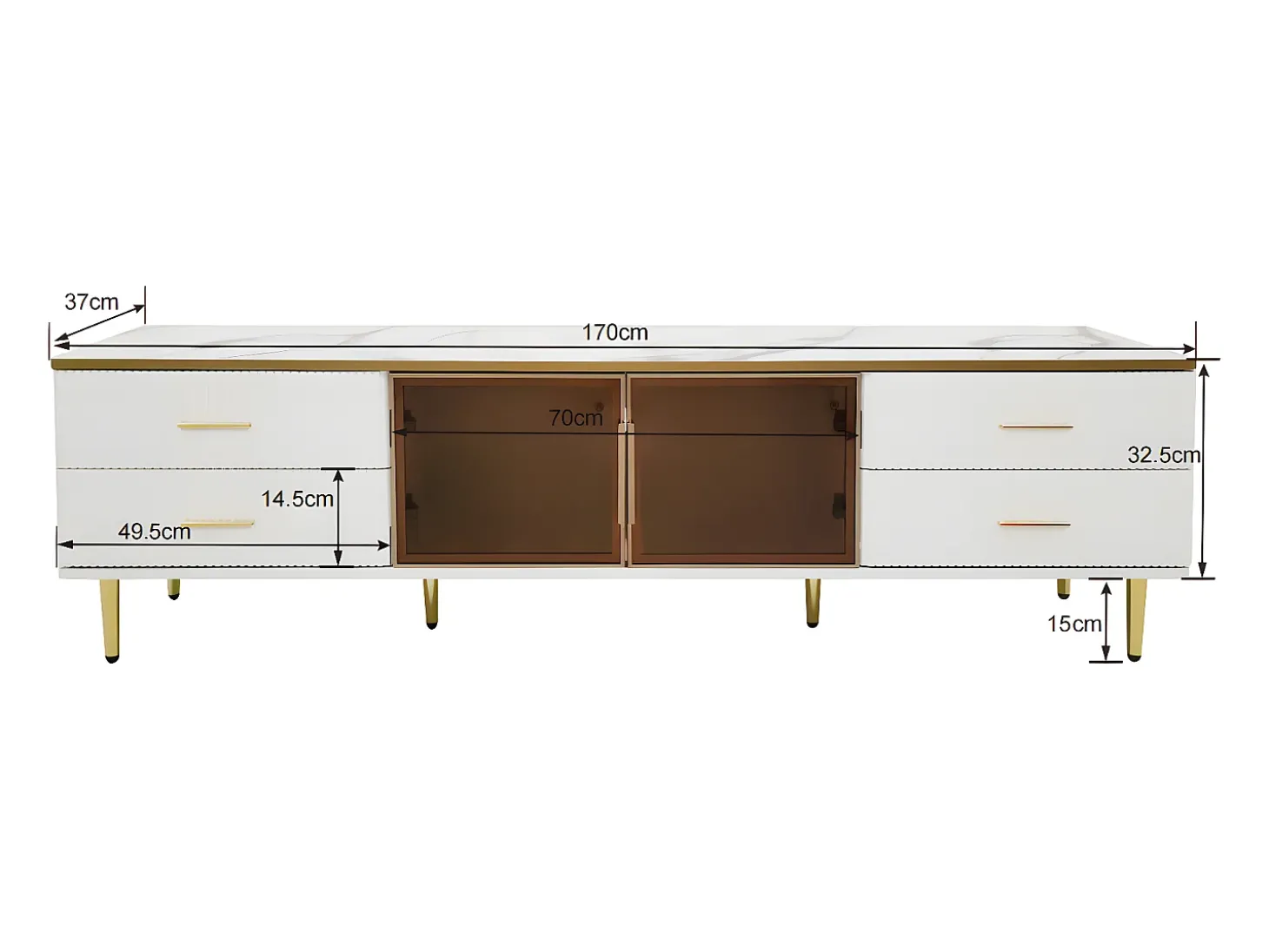 Móvel TV escandinavo 170cm com LED - 4 gavetas - folheado com padrão mármore - Branco