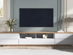 Móvel TV escandinavo contemporâneo 180 cm em madeira - 5 portas + 8 compartimentos - Natural e Branco