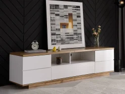 Móvel TV escandinavo contemporâneo 180 cm em madeira - 5 portas + 8 compartimentos - Natural e Branco