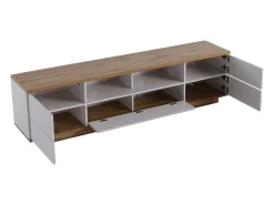 Móvel TV escandinavo contemporâneo 180 cm em madeira - 5 portas + 8 compartimentos - Natural e Branco