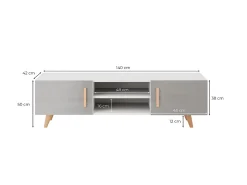 Móvel TV Escandinavo SORAYA 2 Portas 2 Nichos Branco e Cinza, Madeira, 140x42x50 cm, Fabricação Europeia