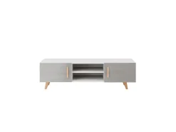 Móvel TV Escandinavo SORAYA 2 Portas 2 Nichos Branco e Cinza, Madeira, 140x42x50 cm, Fabricação Europeia