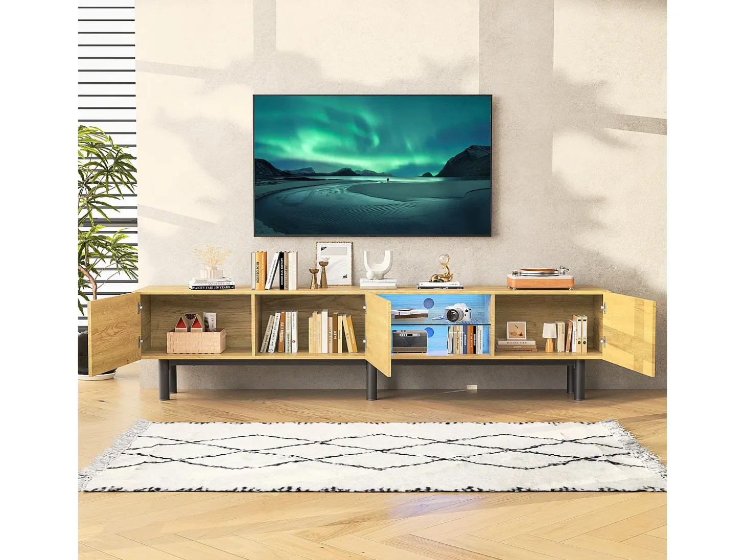 Móvel TV industrial com LED, 3 portas 2 prateleiras, 175x31x41cm, natural