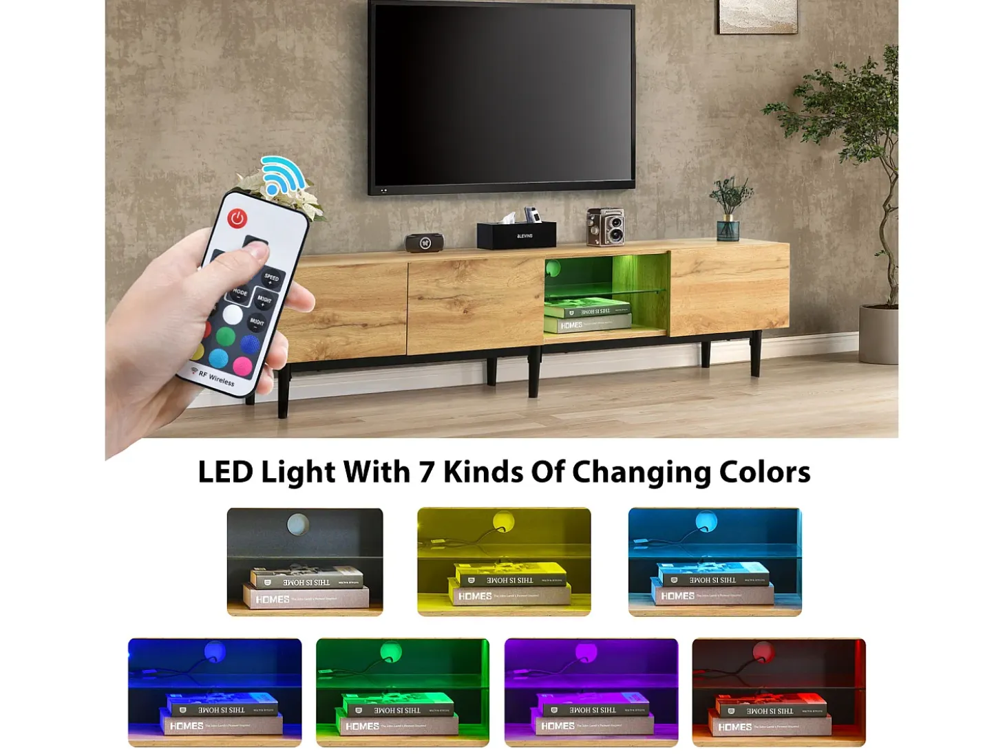 Móvel TV industrial com LED, 3 portas 2 prateleiras, 175x31x41cm, natural