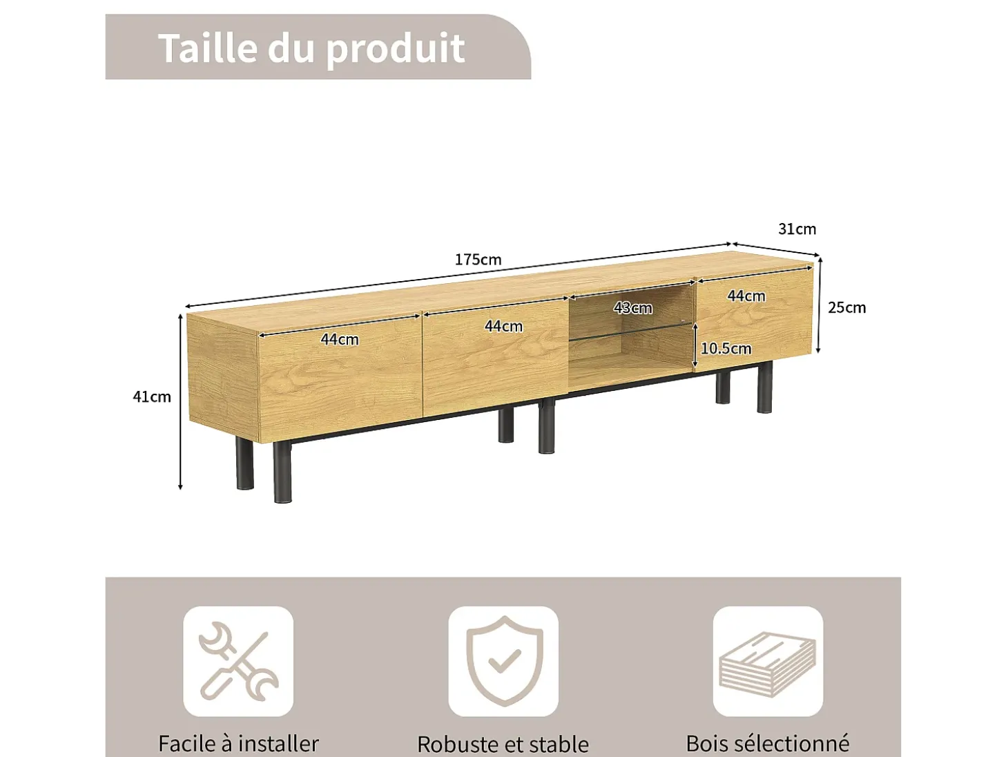 Móvel TV industrial com LED, 3 portas 2 prateleiras, 175x31x41cm, natural