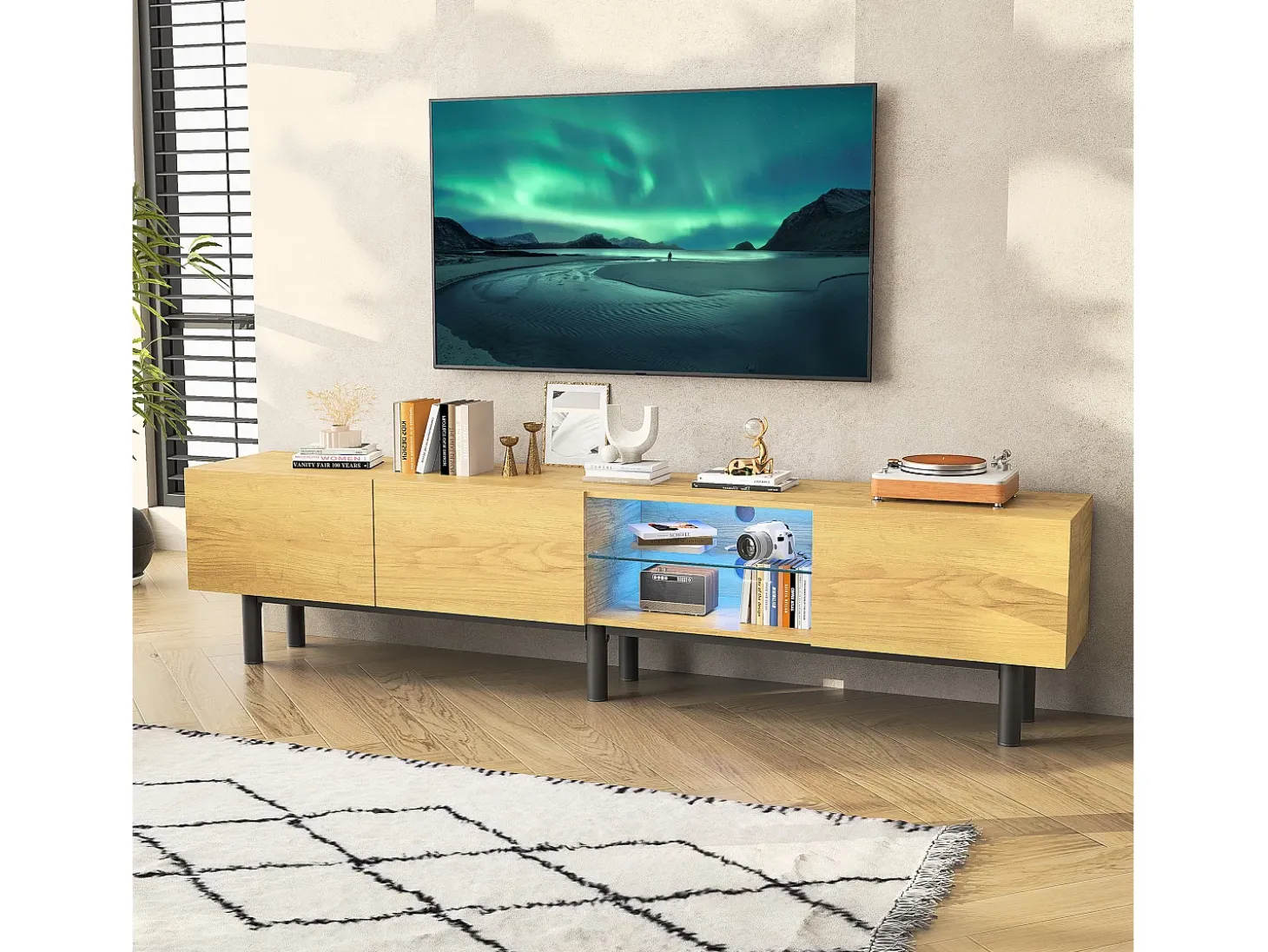 Móvel TV industrial com LED, 3 portas 2 prateleiras, 175x31x41cm, natural