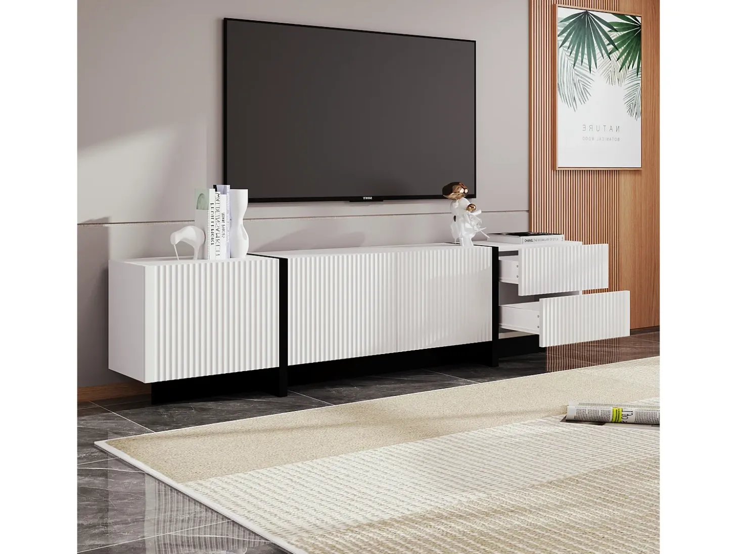 Móvel TV L 190cm - 3 portas 2 gavetas 5 compartimentos - Branco e Preto