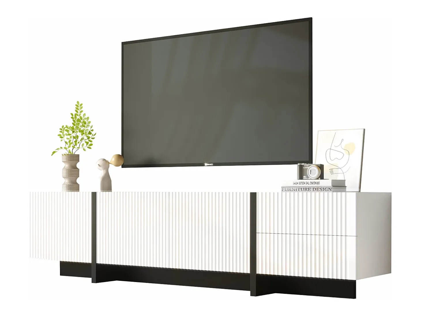Móvel TV L 190cm - 3 portas 2 gavetas 5 compartimentos - Branco e Preto
