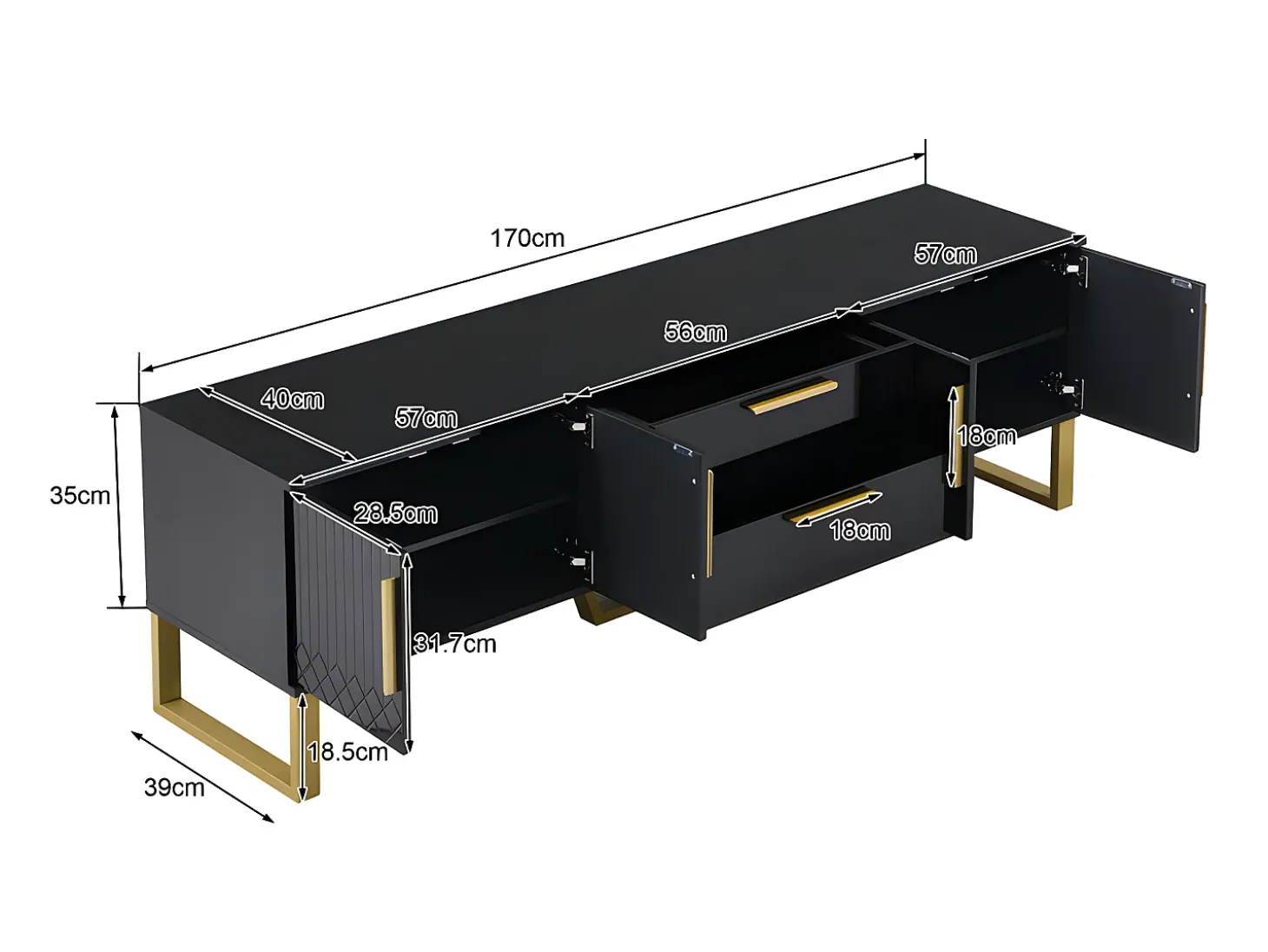 Móvel TV L 170cm - aspecto brilhante - 4 portas texturadas gravadas com puxadores dourados - Preto