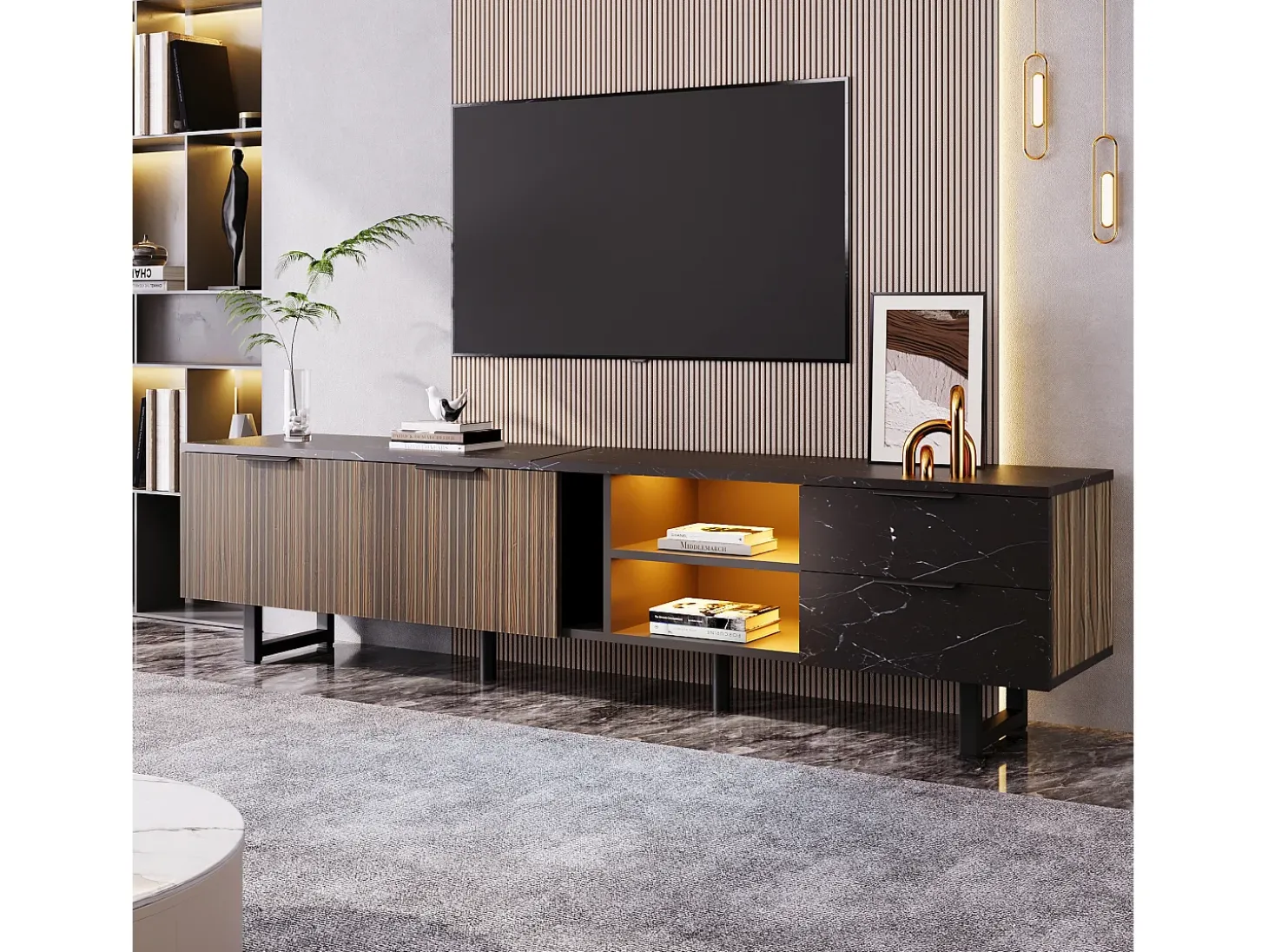 Móvel TV L 200cm com LED - 2 portas e 2 gavetas - Castanho