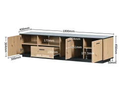 Móvel TV LED 15 lâmpadas - TV-Board com 1 gaveta + 3 portas + 2 compartimentos placa de tecto preta - natural 180x40x45cm