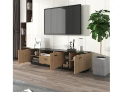 Móvel TV LED 15 lâmpadas - TV-Board com 1 gaveta + 3 portas + 2 compartimentos placa de tecto preta - natural 180x40x45cm
