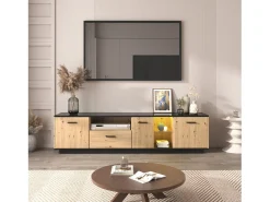 Móvel TV LED 15 lâmpadas - TV-Board com 1 gaveta + 3 portas + 2 compartimentos placa de tecto preta - natural 180x40x45cm