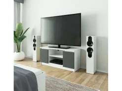 Móvel TV Moderno Branco-Cinza 120cm com Porta e Prateleiras