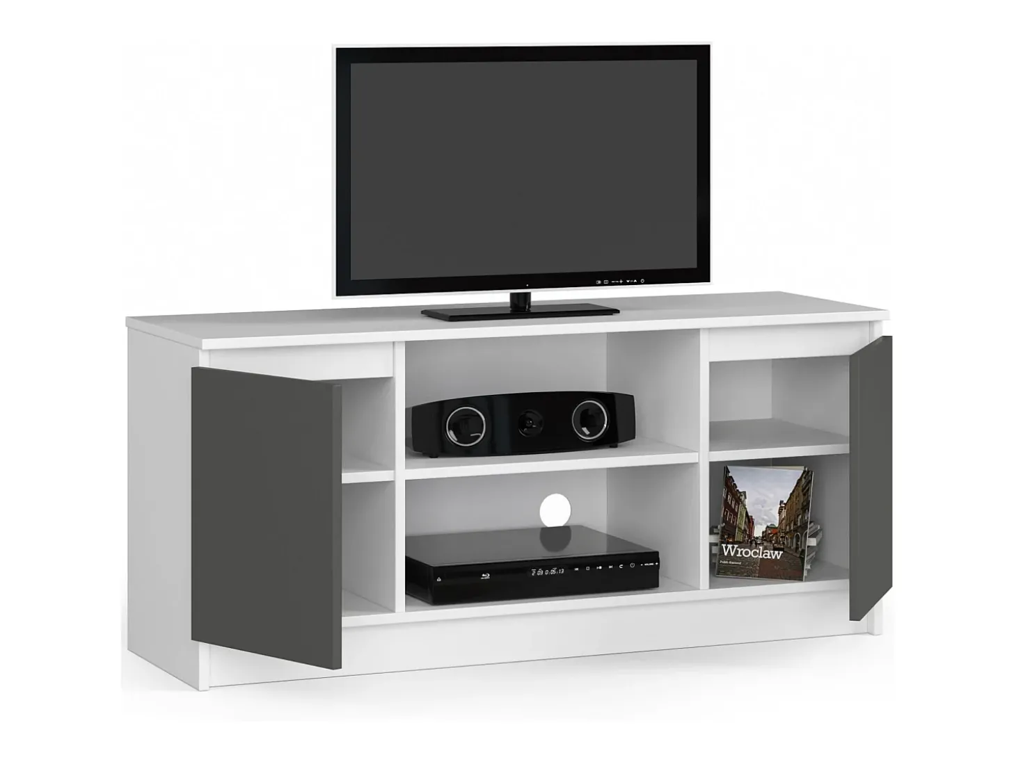 Móvel TV Moderno Branco-Cinza 120cm com Porta e Prateleiras