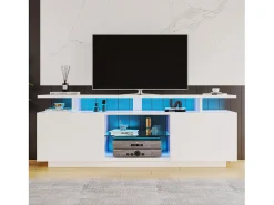 Móvel TV moderno 140cm com LED para TV de 60" - 2 portas e 2 compartimentos de vidro - Branco