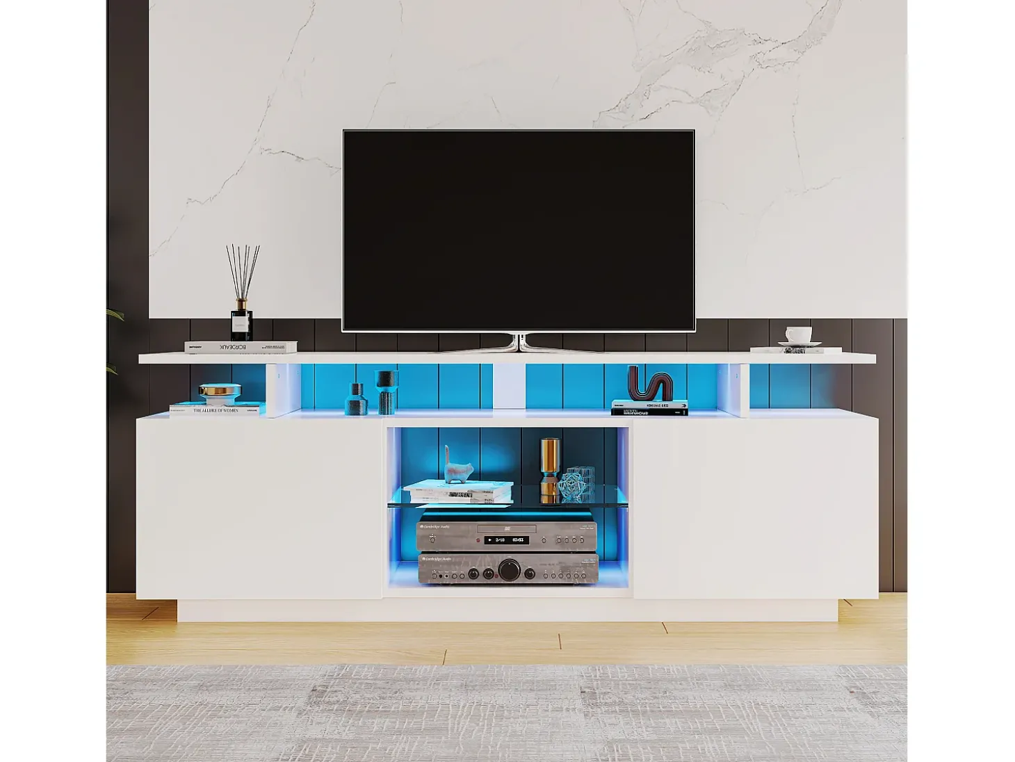 Móvel TV moderno 140cm com LED para TV de 60" - 2 portas e 2 compartimentos de vidro - Branco