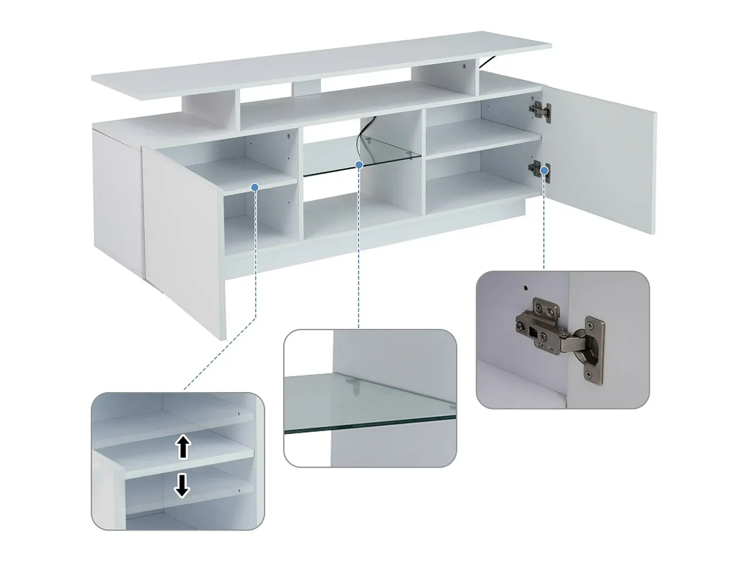 Móvel TV moderno 140cm com LED para TV de 60" - 2 portas e 2 compartimentos de vidro - Branco